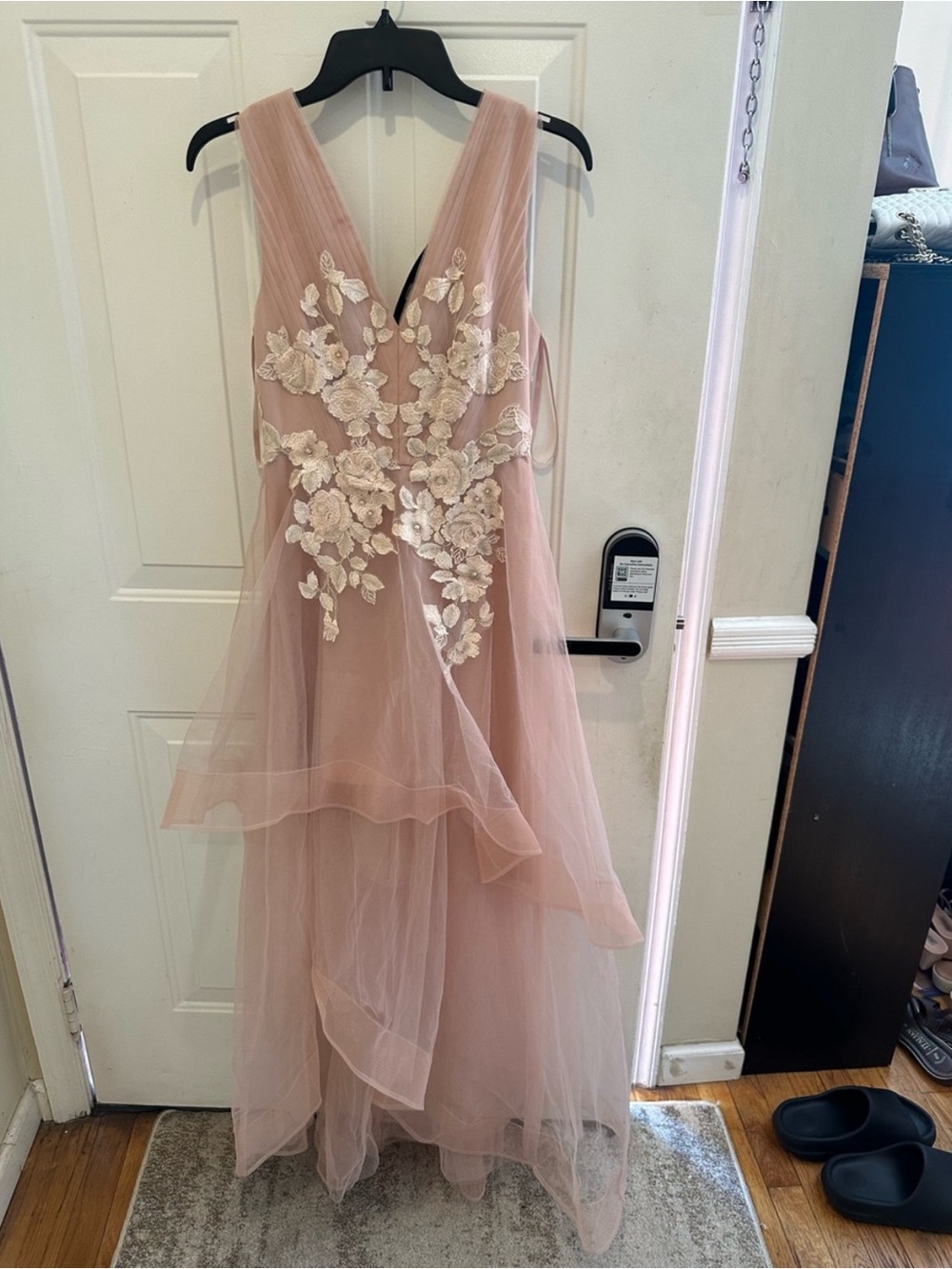 BCBGMaxAzria Dusty Rose V-Neck Maxi Dress with Floral Appliqué